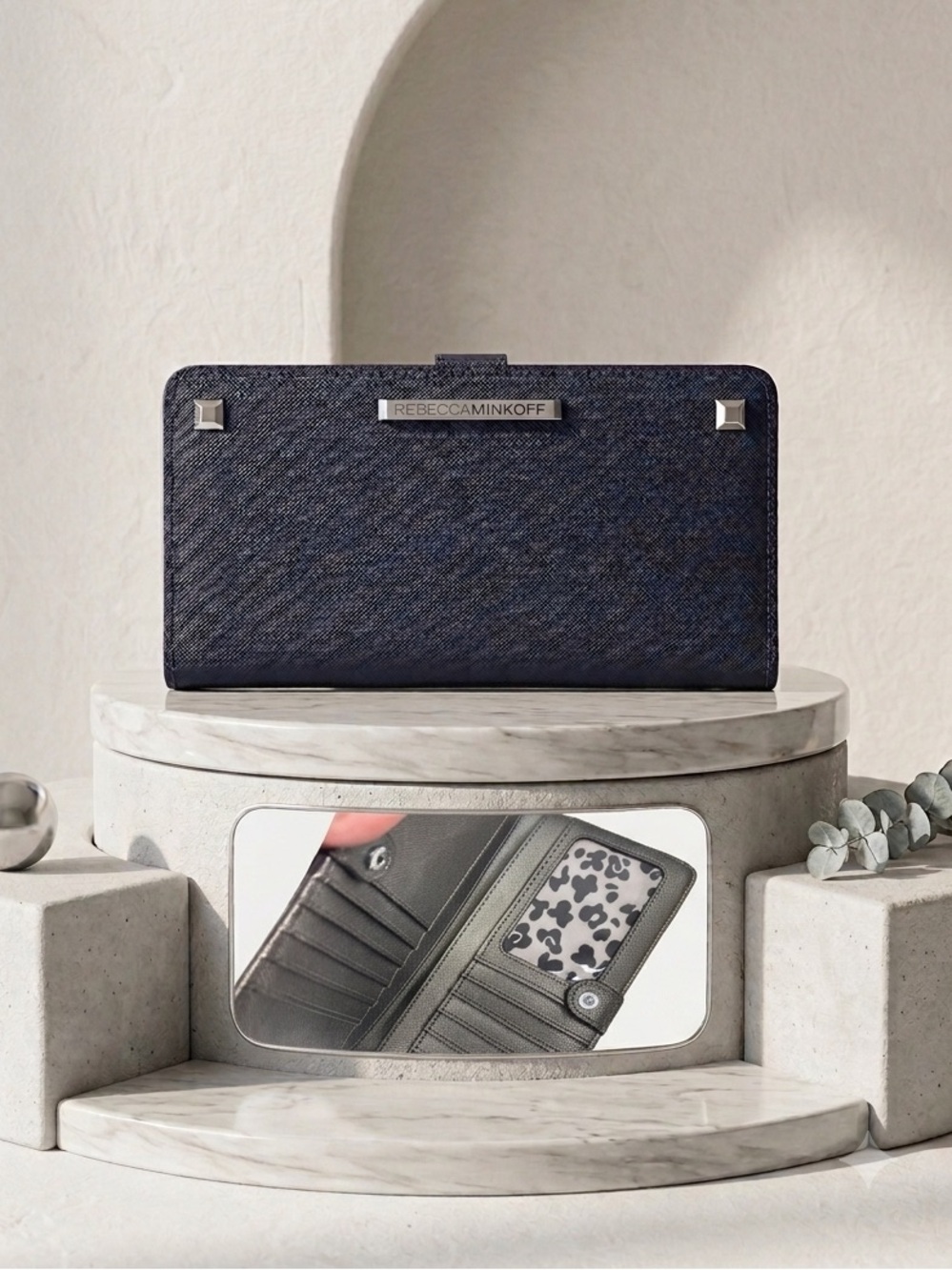 Rebecca Minkoff Navy Studded Saffiano Leather Continental Wallet 8x4